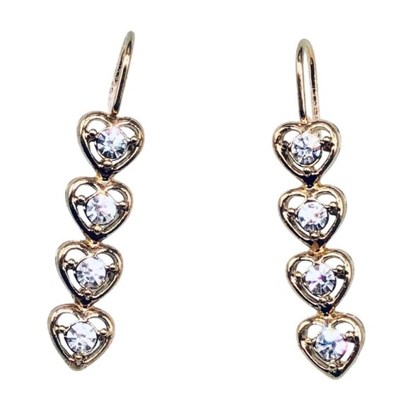 Heart dangling gold hook erring 4 stones in each heart shine 1 1/4" long READ - Picture 1 of 7